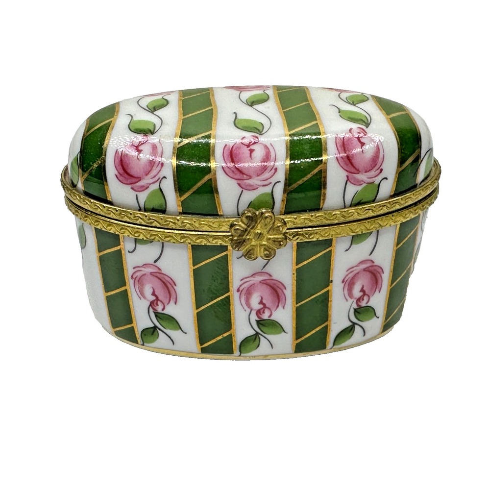 Vintage ROYAL DANUBE #1886 Floral Porcelain Trinket Box Pink Green Flowers